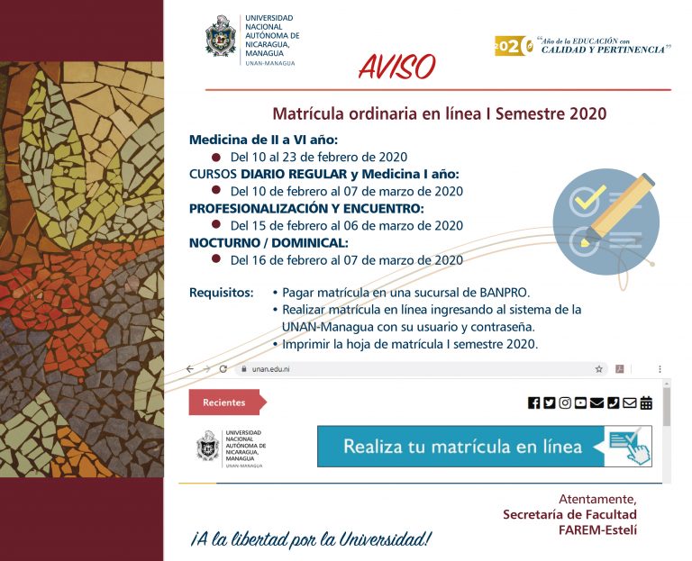 Matricula ordinaria en línea I semestre 2020 UNAN Managua CUR Estelí